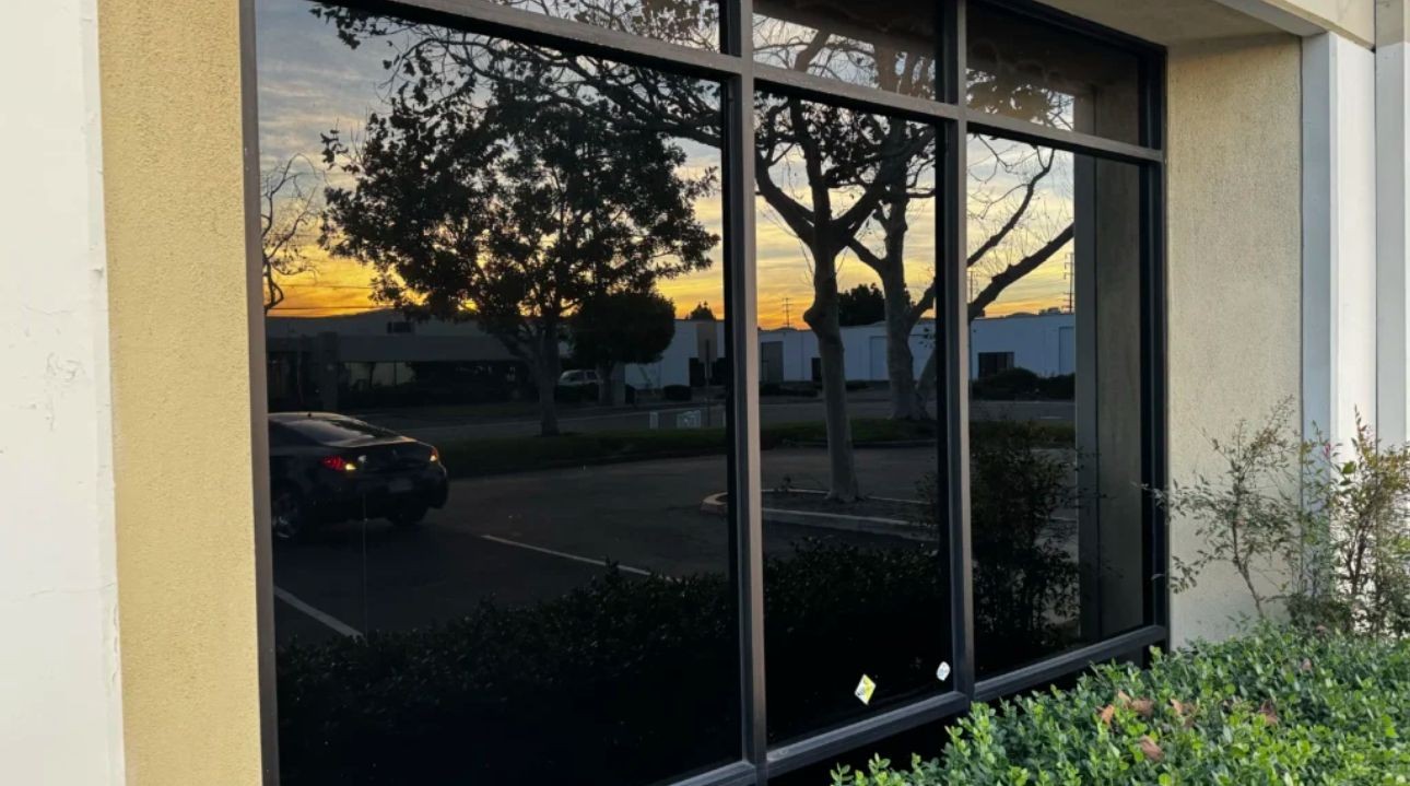 Reflection of trees and sunset sky on a large glass window of a building.